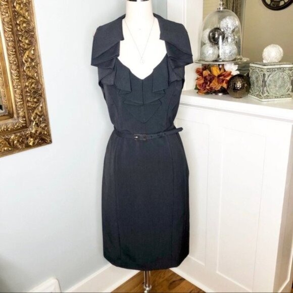 Evan Picone Gray Ruffled V-Neck Sheath Dress with Belt 10 Medium - Picture 2 of 9